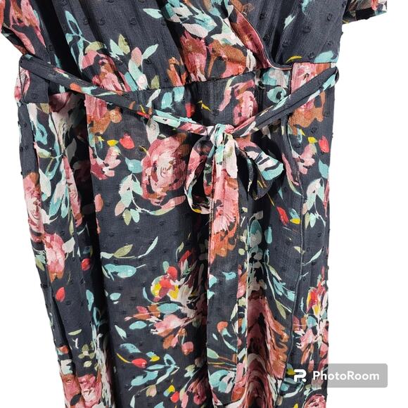 Torrid Faux Wrap Hi-Low Midi Dress Swiss Dot Floral Dark Gray and Pink L/12/0 - Picture 7 of 13